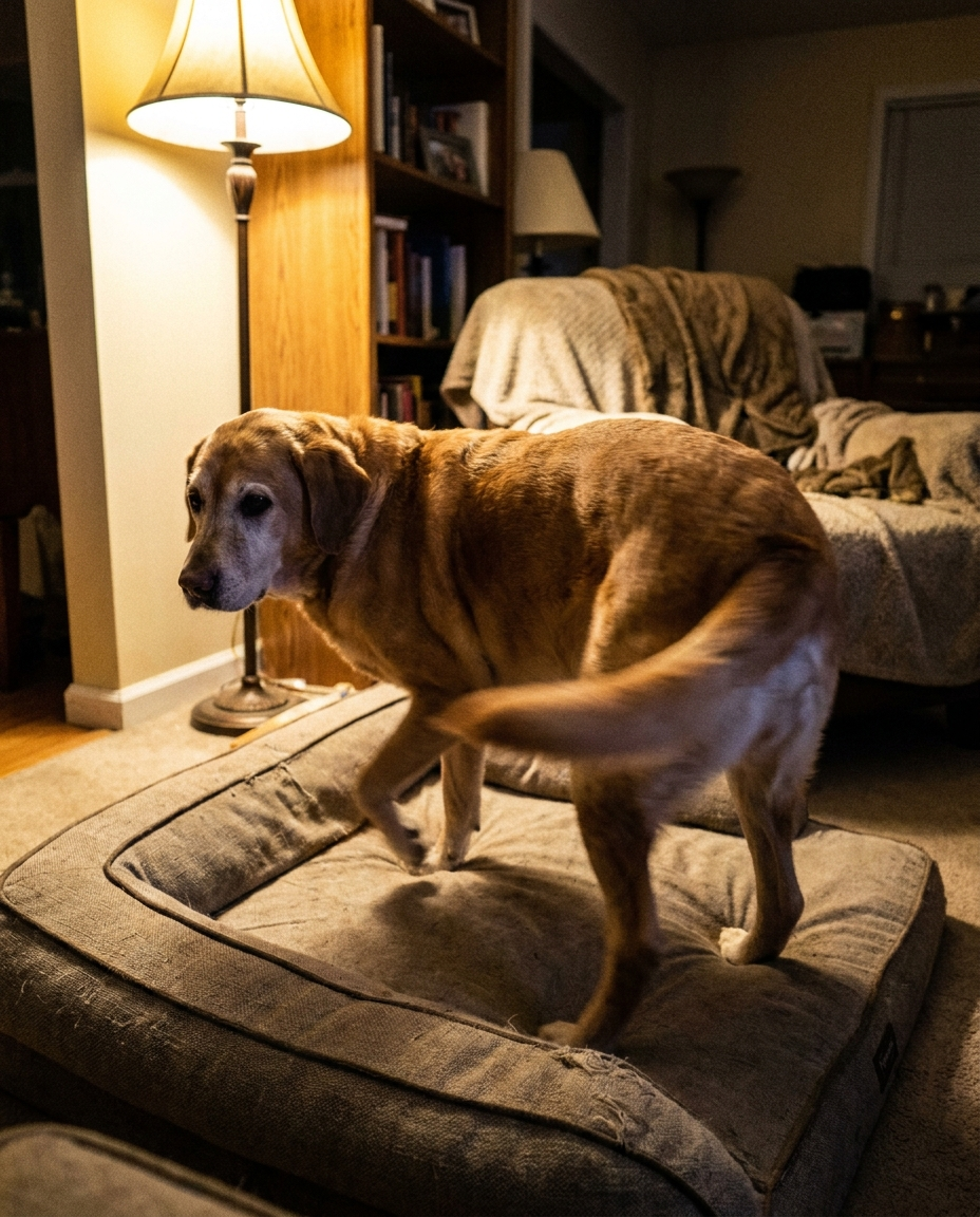 A senior dog circling on a large dog bed in a living room