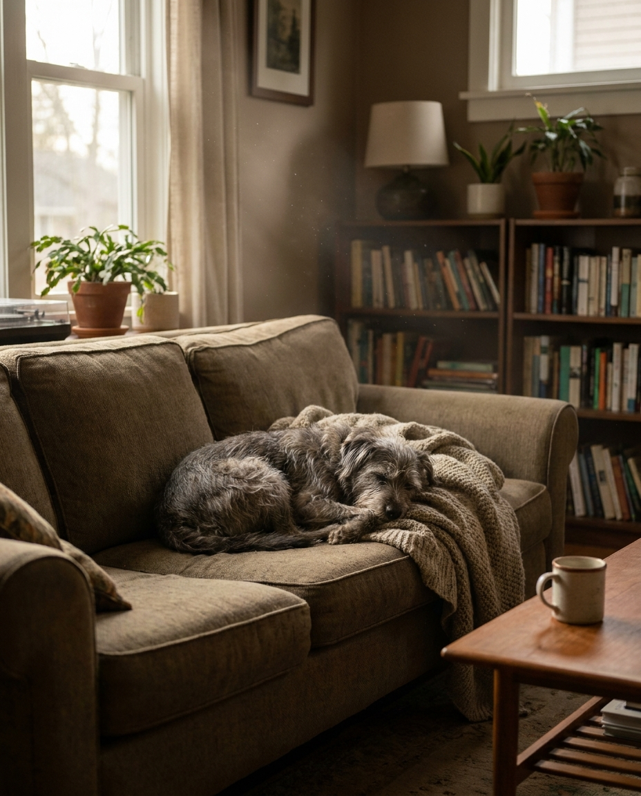 A scruffy dog curled up asleep on a couch cushion