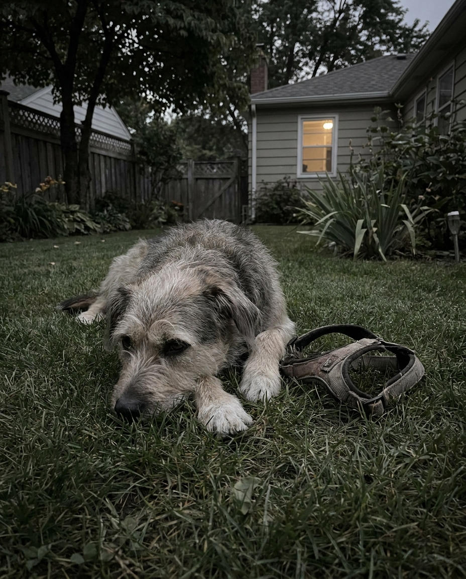 Scruffy dog lying in the grass beside a harness