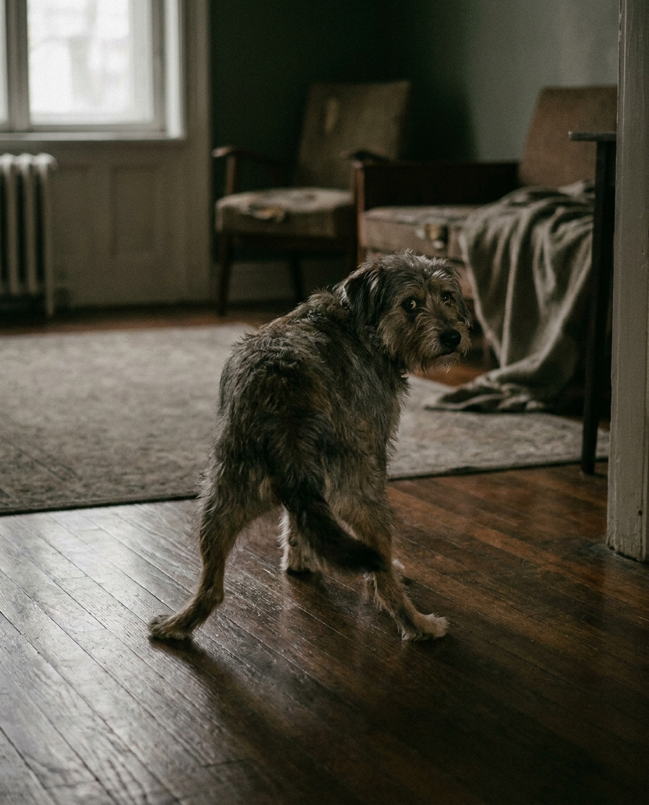 Dog standing stiffly on a hardwood floor
