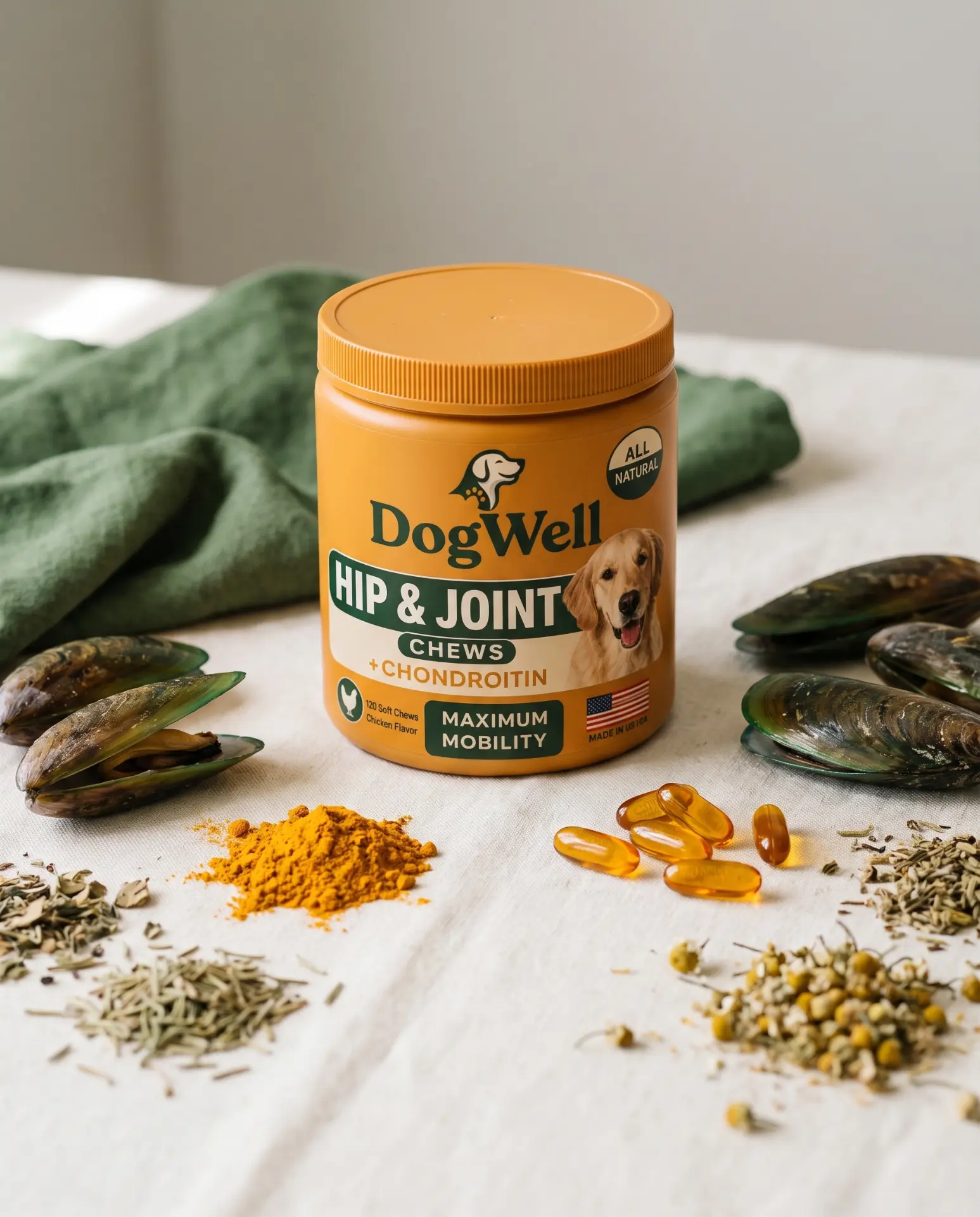 DogWell Hip & Joint jar surrounded by key ingredients