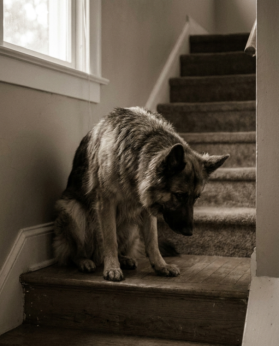 Senior shepherd pausing at the top of a staircase