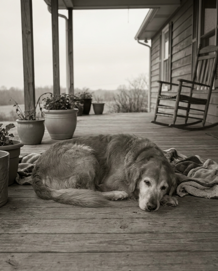 Older golden retriever resting on a porch
