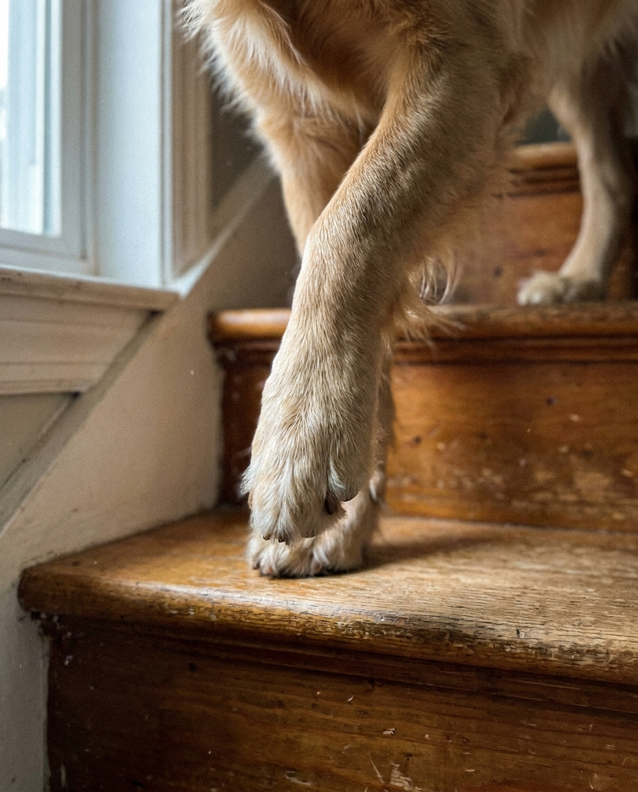 Close-up of a dog's front paw paused on a wooden stair step