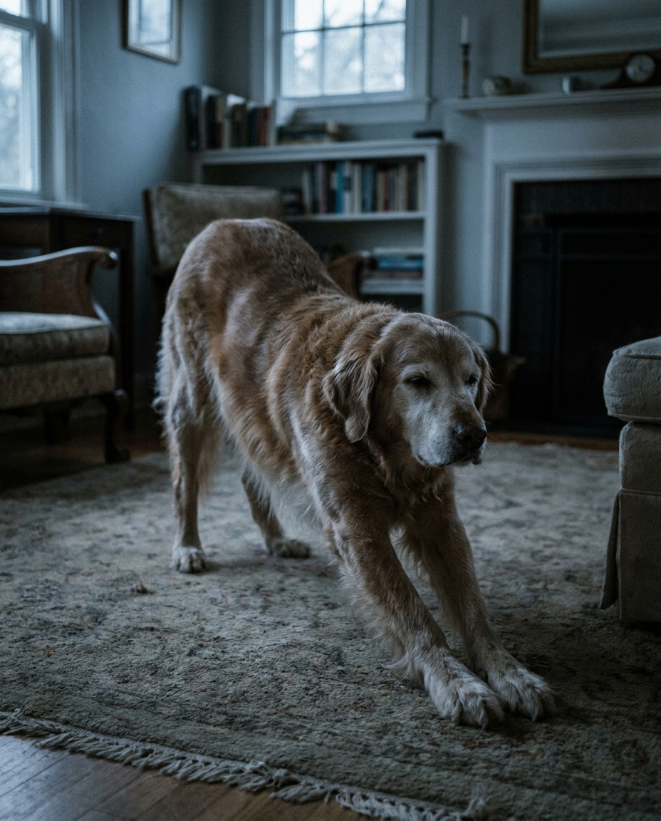 Senior golden retriever stretching in a living room