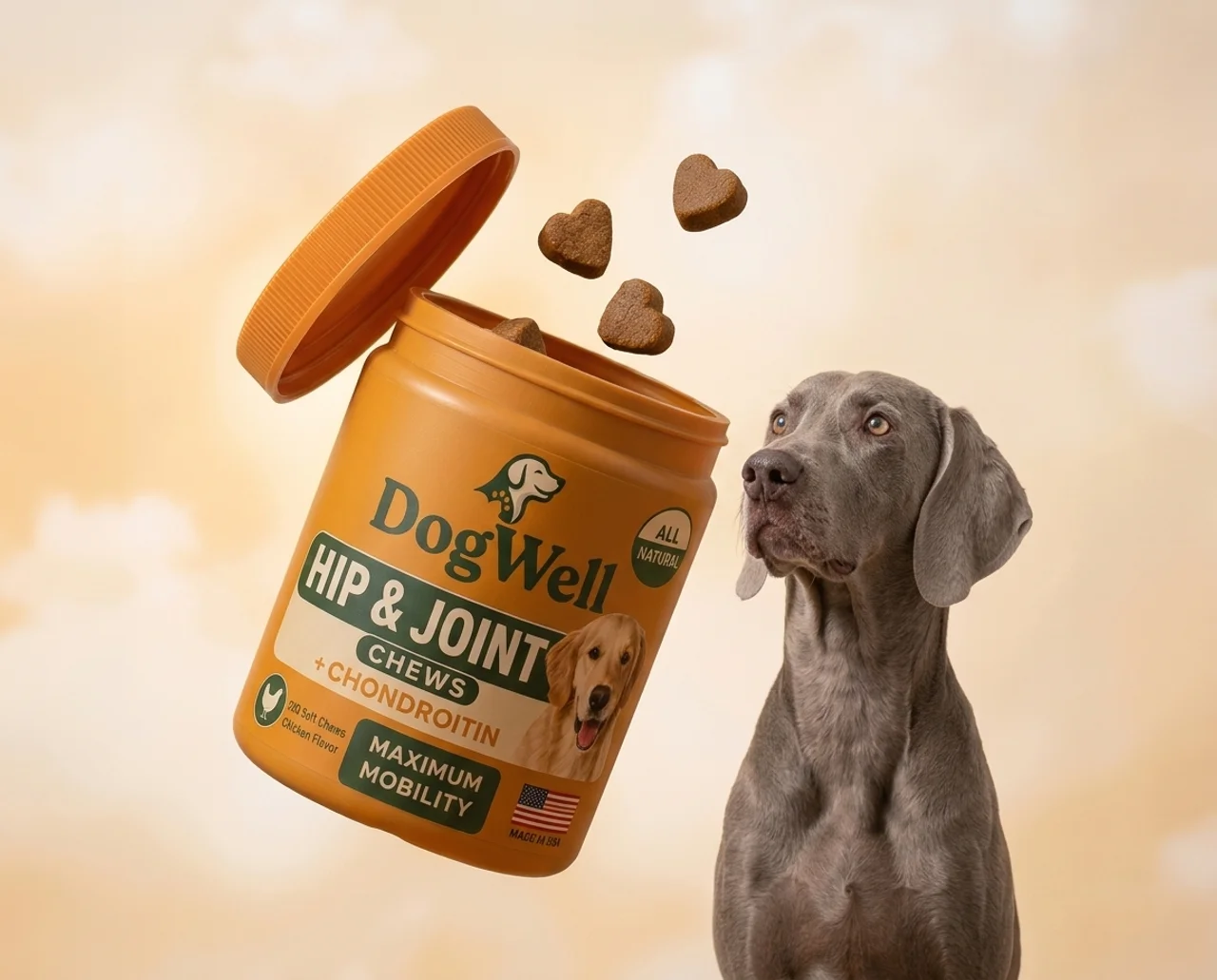 DogWell Hip & Joint chews jar with treats floating out beside a Weimaraner dog