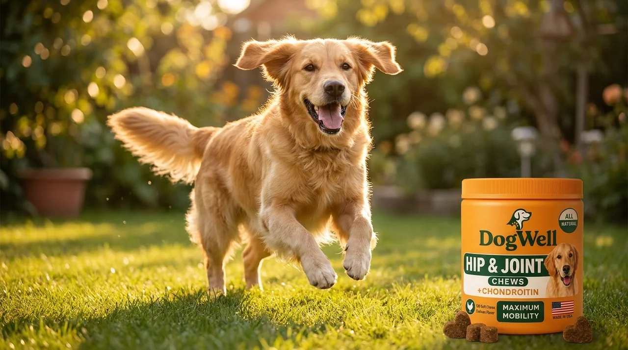 Happy golden retriever leaping in a sunny yard next to DogWell Hip & Joint chews