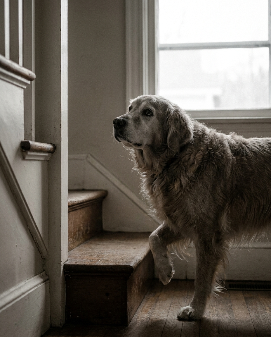 Large golden retriever stepping down a stair by a window