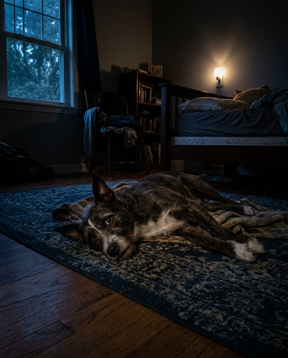 A scruffy dog lying awake and alert on a rug in a dark bedroom at night