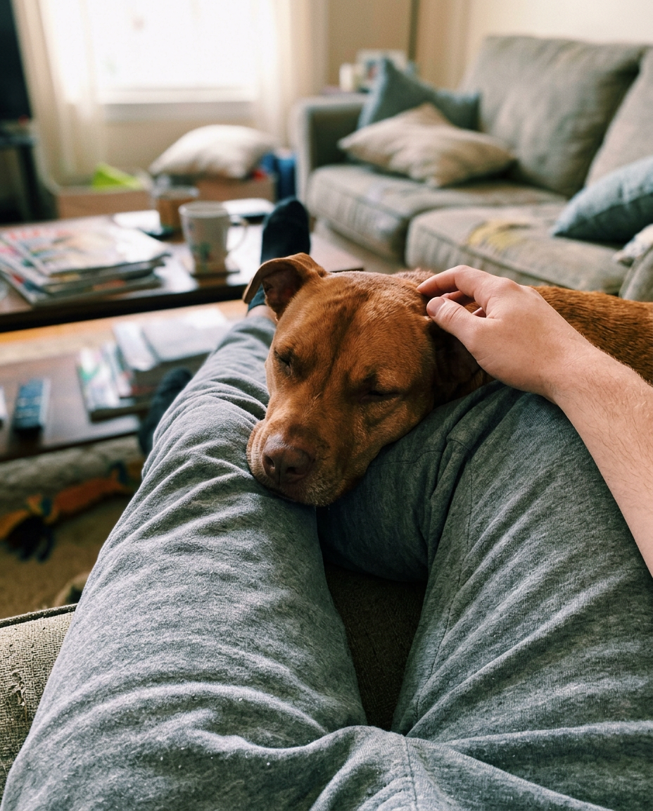 A dog resting its head on a person's lap on a couch